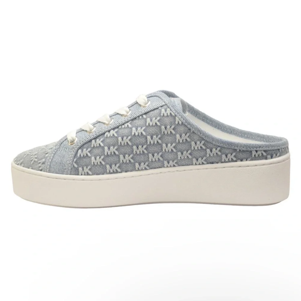 Michael Kors Poppy Slip-On Slide Sneaker MK Debossed Washed Denim Blue Nib 175
